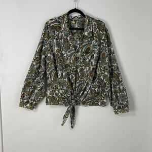 Front Tie Paisley Cottagecore Blouse Button Down Floral Boho Cotton Top Women 3X